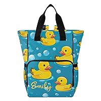 Cute Yellow Rubber Ducks Blue Custom Diaper Bag Backpack Personalized Name Baby Bag for Boys Girls Toddler Multifunction Travel Maternity Back Pack for Mom Dad with Stroller Straps