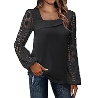 My Orders Placed Business Casual Tops for Women Fall Sexy Lace Long Sleeve Shirts Dressy Work Shirts Ladies Plus Size Loose Fitting Square Neck Tshirts Shirts Trendy Elegant Tees(D-Black,Medium)