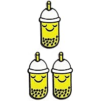 3pcs. Bubble Tea Glass Yellow Cartoon Patch Embroidered Bubble Boba Milk Tea Iron On Badge Sew On Patch Clothes Embroidery Applique Sticker Fabric Sewing Decorative Repair