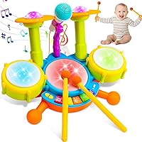 Kids Drum Set for Toddlers 1-3 Musical Baby Toys for 1 Year Old Boy Gifts Montessori Baby Girl Toys with Microphone Light Up Learning Toys Birthday Gifts for Infants 6 9 12 18 Months Toddler Age 1-2