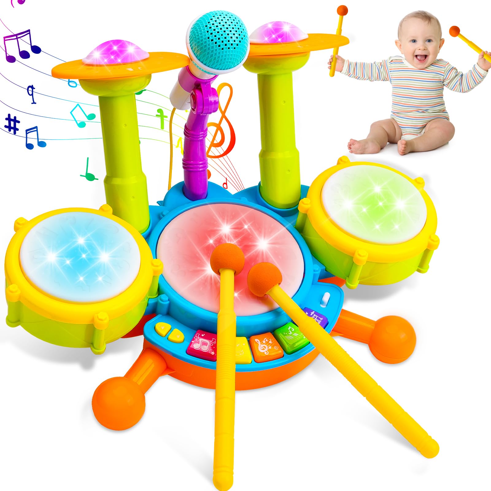 Kids Drum Set for Toddlers 1-3 Musical Baby Toys for 1 Year Old Boy Gifts Montessori Baby Girl Toys with Microphone Light Up Learning Toys Birthday Gifts for Infants 6 9 12 18 Months Toddler Age 1-2