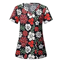 Hawaiian Shirts Women 2024 Stylish Short Sleeve V Neck Tropical Print Funny Workwear Loose Fit Work Uniforms with Pockets