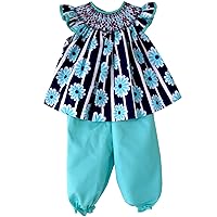 Hand Smocked Easter Dress for Baby Girls with Turquoise Pants 2 pc Set