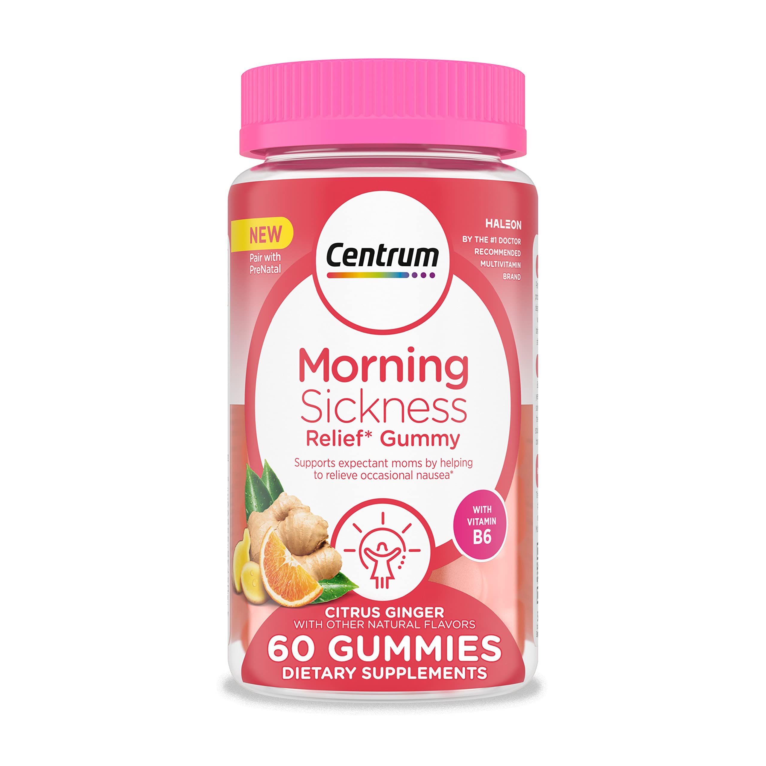 Centrum Morning Sickness Relief Gummies, Citrus Ginger Flavor - 60 Count, Up to 60 Day Supply