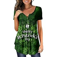 Women St. Patrick's Day Short Sleeve Tops Shamrock Clover Print Shirts Casual Loose Fit Buttons Blouses