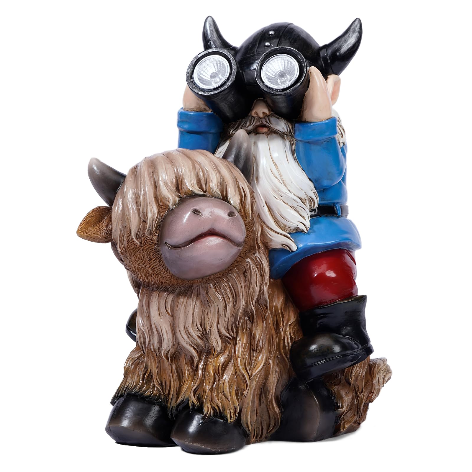 Joint Honglin Garden Gnome Statues Resin Gnome Sitting on Highland Cow Solar LED Lights Outdoor Telescope Gnome Gifts for Yard, Patio Decor (Cow Gnome)