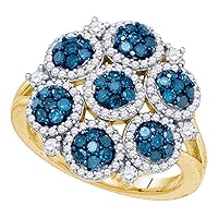 TheDiamondDeal 10kt Yellow Gold Womens Round Blue Color Enhanced Diamond Large Circle Frame Cluster Ring 1-1/4 Cttw