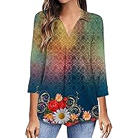 Summer 3/4 Sleeve Boho Floral Lapel Tunic Tops for Women Fashion Casual Dressy Loose V Neck Tee Shirts for Going Out