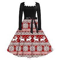 Women's Dresses That Hide Belly Fat Round Neck Casual Slim Christmas Printed Long Sleeve Dresses Outfits, S-2XL