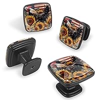 4 Pack Square Kitchen Cabinet Knobs Door Knobs, American Flag Rooster Bloom Sunflowers Crystal Glass Drawer Dresser Cupboard Knob, Drawer Handles Pulls Hardware