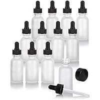 JUVITUS 1 oz Frosted Clear Glass Boston Round Bottles with Two Closures: Black Glass Droppers and Phenolic Caps (12 Pack)