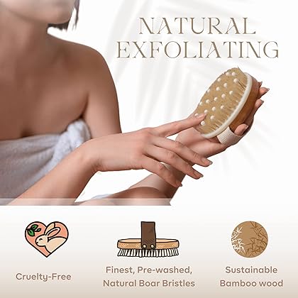 Dry Brushing Body Brush - Best for Exfoliating Dry Skin, Lymphatic Drainage and Cellulite Treatment - Organic Spa Exfoliator and Massage Scrub Brush with Natural Boar Bristles