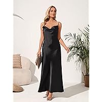 Women's Casual Dresses Solid Draped Collar Satin Cami Dress Charming Mystery Special Beautiful (Color : Black, Size : XX-Large)