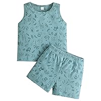 Baby Boy Beach Outfit Summer Toddler Boys Sleeveless Cartoon Prints Tops Shorts Two Piece Outfits (Navy, 9-12 Months)