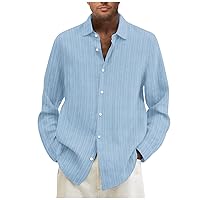 Men's Cotton Linen Shirt Casual Button Down Long Sleeve Stripe Shirt Summer Beach Holiday Shirt