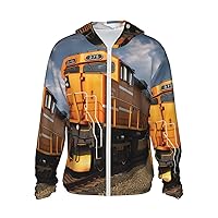 Freight Train Print Sun Protection Hoodie Jacket Full Zip Long Sleeve Sun Shirt With Pockets For Outdoor