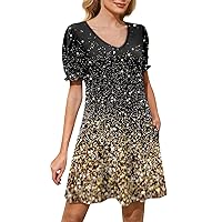 Summer Dresses for Women 2024 Casual Dresses Puff Short Sleeve V-Neck Cocktail Mini Dress with Pockets