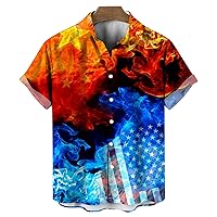 Funny Fire Printed Shirt Colorful Flame Graphic Short Sleeved Button Shirt