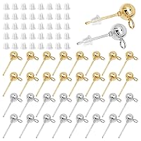 120Pcs Hypoallergenic Ball Studs for Jewelry Making,Round Ball Earring Posts Ball Post Earring Studs with Loop and 200Pcs Clear Earring Backs for DIY Jewelry Making(KC Gold and White K)