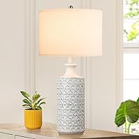 Brightever Farmhouse Ceramic Table Lamp, Modern Tall Desk Lamp for Bedroom with White Fabric Shade, Rotary Bedside Nightstand Lamp for Living Room, Office, Study, Bulb not Included