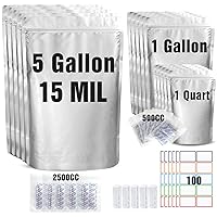 15 Mil 5 Gallon Mylar Bags for Food Storage with 2500cc Oxygen Absorbers - 55 Pack Mylar Bags 5 Gallon,1 Gallon,1 Quart 3 Size, 100 Pcs Labels and 500cc Oxygen Absorbers for Long Term Food Storage