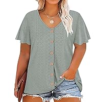 RITERA Plus Size Tops for Women Crewneck Neck with Button Up Short Sleeve Embroidery Henley Tshirt Casual Basic Shirt XL-5XL