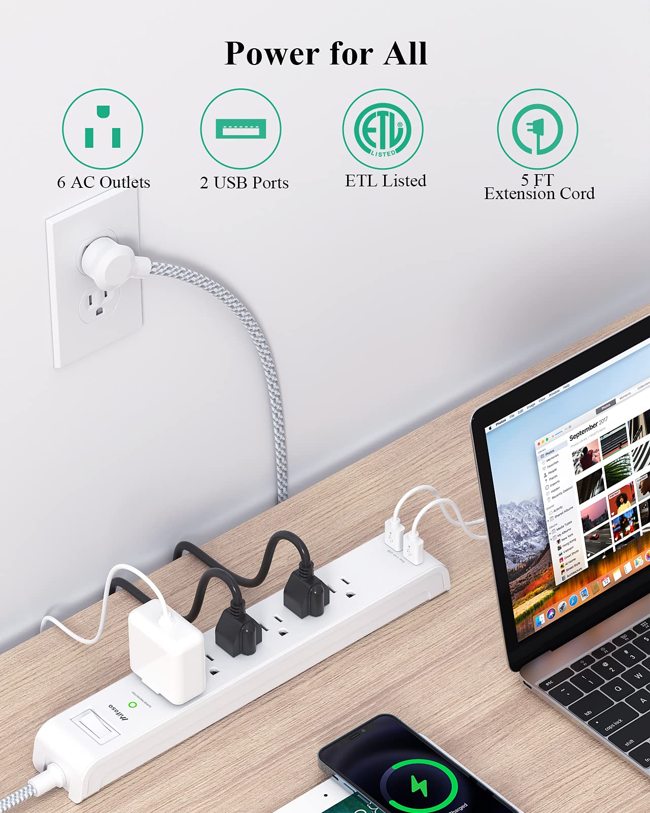 2 Pack Power Strip Surge Protector - 6 Outlets 2 USB Ports 5Ft Long Extension Cords, Flat Plug Overload Protection Outlet Strip, 900 Joules, Wall Mount for Home, Office and Dorm Essential, ETL Listed