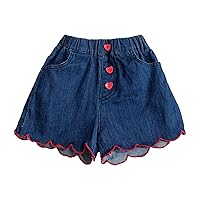 Toddler Girl Summer Navy Blue Color Red Embroidered Lace Denim Shorts Love Button with Pockets 5t Bike Cheer