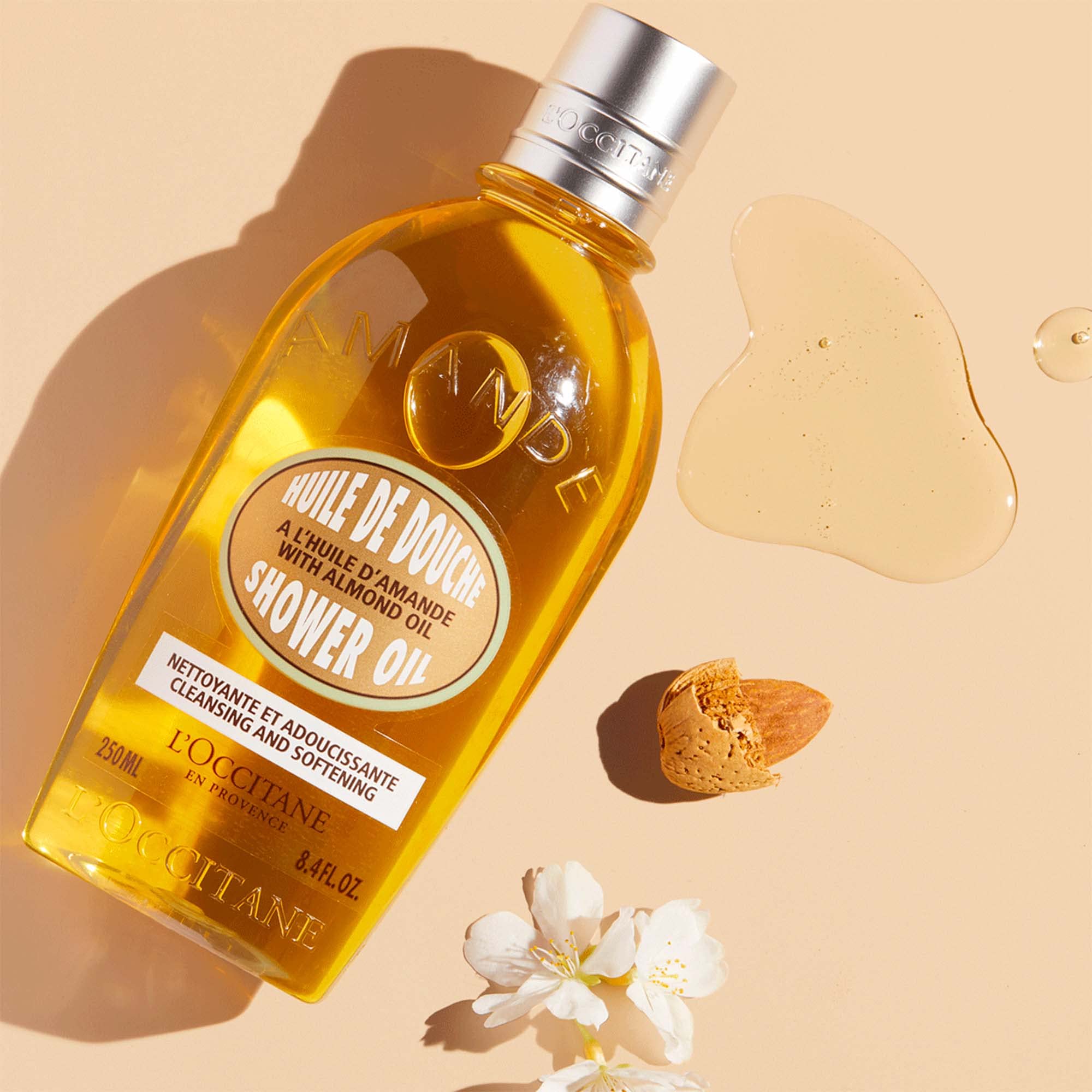 L'Occitane Cleansing & Softening Almond Shower Oil, Oil-to-Milky Lather, Softer Skin, Smooth Skin, Cleanse Without Drying, With Almond Oil