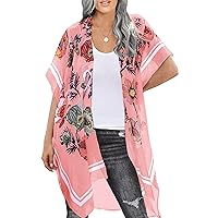 Chunoy Women Casual Summer Floral Print Short Sleeve Lightweight Open Front Midi Side Slit Chiffon Kimono Cover Up Pink