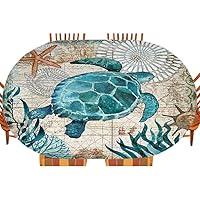 Sea Turtle Fitted Table Cover, Nautical Blue map Navigation of sea Creatures, Indoor/Outdoor Waterproof Tablecloth, Patio and Kitchen Dining, Fits 48