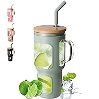 COMOOO 40oz Glass Tumbler with Bamboo Lid and Straw, Glass Water Cup with Handle, Iced Coffee Drinking Cup with Silicone Sleeve, Glass Water Bottle Dishwasher Safe, Cup Holder Friendly, Olive