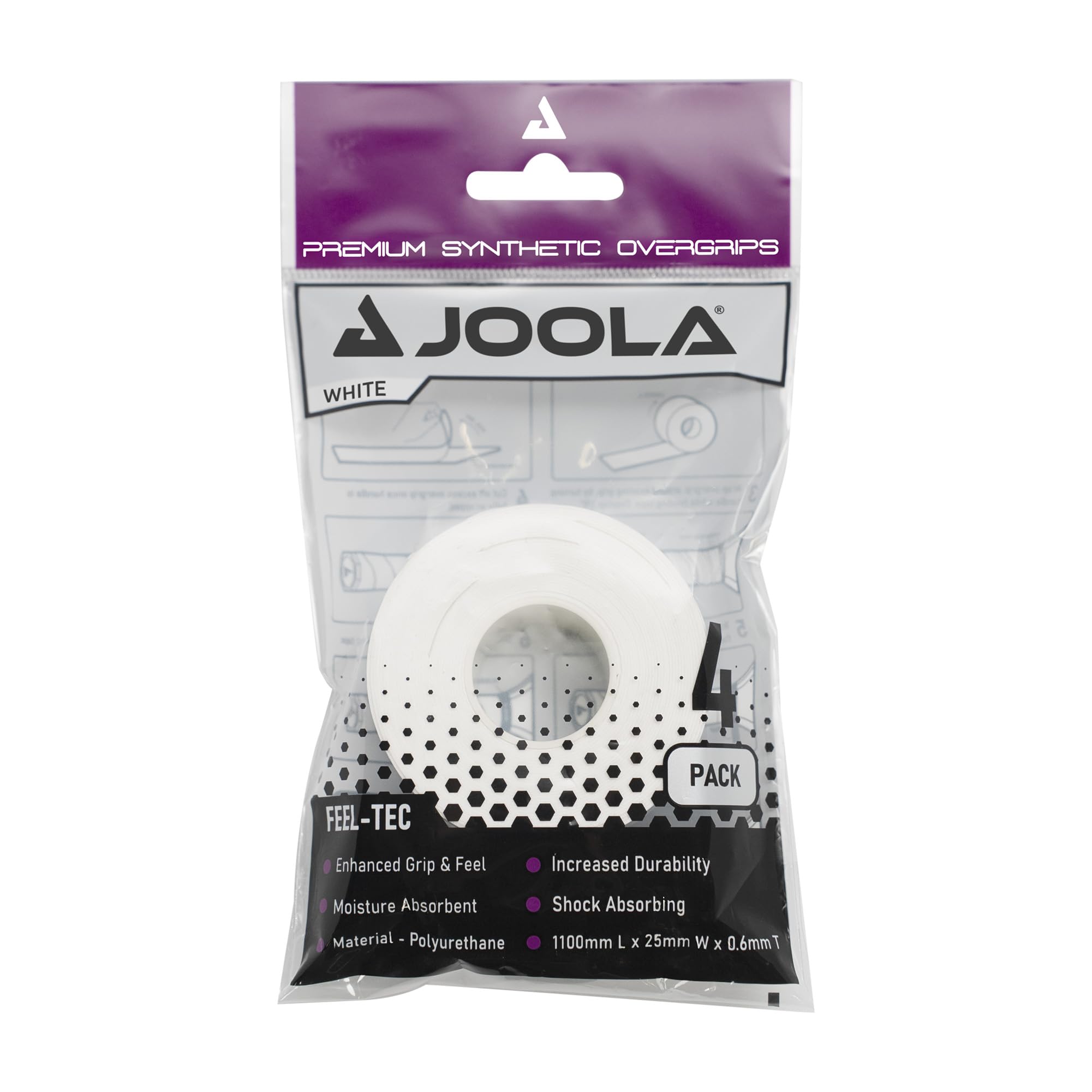JOOLA Pickleball Overgrip - Tacky Feel Premium Synthetic Overgrips - Set of 4 - Pickleball Grip Tape for Any Brand Racket - Anti Slip Pickleball Tape Fits Elongated, Standard & Skinny Handles,White