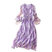Women Dress Silk Floral Printed V Neck 3/4 Sleeve Ruffles Elastic Back Waist Purple Everyday Midi Skirt 2801