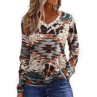 Aztec Cow Western Tops for Women Long Sleeve Tshirts Casual V Neck Ethnic Style Tops Novelty Blouse Fall Pullover Tops