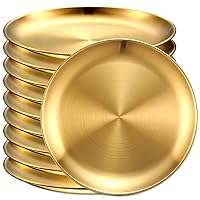 10 Pcs 18/8 Stainless Steel Plate 304 Stainless Steel Dishes 8 Inches Adult Plates Reusable Camping Plates Dishwasher Safe Feeding Serving Flat Plate Double Layers Round Dessert Plate (Gold)