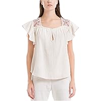 Max Studio Womens Embroidered Flutter Sleeves Pullover Top White S