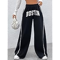 Dresses for Women - Letter Graphic Contrast Tape Wide Leg Pants (Color : Black, Size : Small)