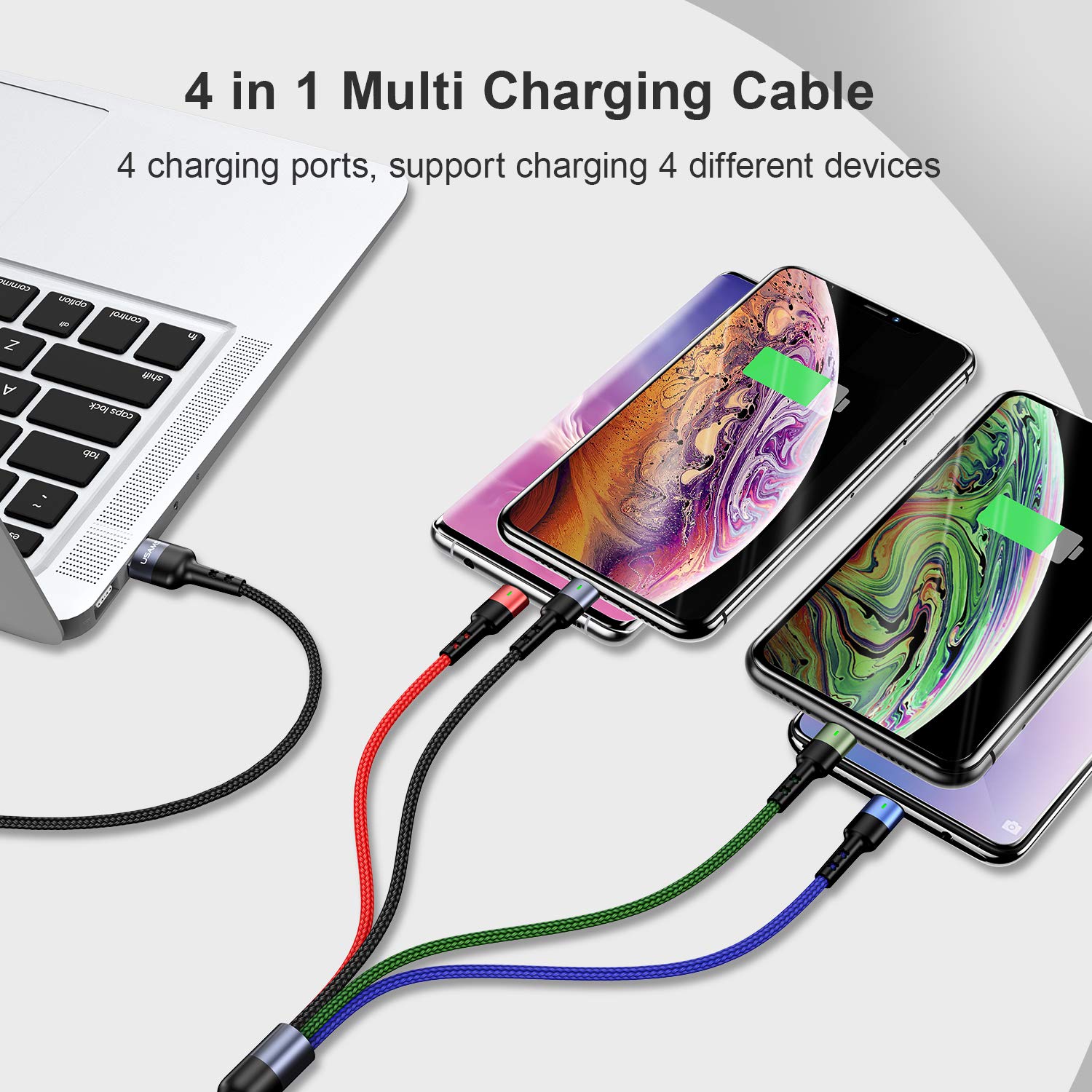 ISAIBELL USAMS Multi Charging Cable 2Pack 4FT 4 in 1 Nylon Braided Multiple USB Fast Charging Cord Adapter Type C Micro USB Port Connectors Compatible Cell Phones Tablets and More