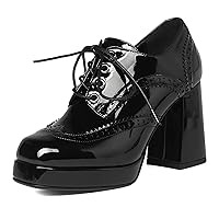 Women's Block High Heel Platform Pumps Square Toe Lace Up Ankle Booties Chunky Wingtip Oxford Dress Shoes