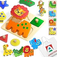 AMOSTING Early Learning Wooden Animal Puzzles for Toddlers 1-3, Montessori Peg Toys with Color Matching Shape Sorter Stacking, Girl & Boy Birthday Gift
