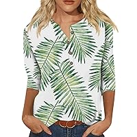 Ladies Summer Tops and Blouses 2023,3/4 Length Sleeve Womens Tops Tunic New Button Collar 3/4 Sleeves Retro Print Slim Shirt