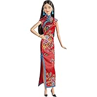 Signature Lunar New Year Doll (12-inch Brunette) Wearing Red Satin Cheongsam Dress with Accessories, Collectible Gift for Kids & Collectors