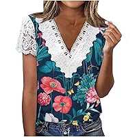 Womens Flower Graphic Loose Fit Long Tops Vneck Blouses for Women Lace Short Sleeve Summer Fall Shirts 2024 Trendy