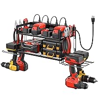 CCCEI Garage Tools Storage with Charging Station. Power Tool Battery Organizer Utility Shelf with Power Strip. 4 Drills Holder Wall Mount Rack, Black.
