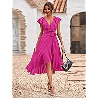 Dresses for Women 2023 Solid Ruffle Trim Belted Wrap Dress (Color : Hot Pink, Size : Medium)
