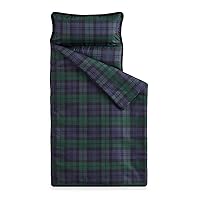 Wake In Cloud - Toddler Nap Mat with Pillow and Blanket, for Kids Boys Girls in Kindergarten Daycare Preschool Pre K, Roll Up Sleeping Bag, Tartan Plaid in Green Navy Blue, Standard Size