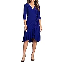 Kiyonna Whimsy Ruffled Midi Wrap Dress with Sleeves | Wrap Around Style with Ruffles | Cocktail, Party, Wedding Guest or Work | Cobalt Blue Size XS (0-2)