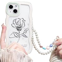 NITITOP Compatible for iPhone 14 Case Cute for Girls Women Wave Frame Wavy Case with Pearl Chain Shockproof Protective Girly Cover - Black Rose