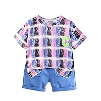 Kid Outfits Boy Fashion Color Block 2PCS Set Clothes Kid Summer Round Scoop Neck Short Sleeve Tops and (A, 4-5 Years)